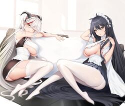 2girls absurdly_long_hair absurdres aegir_(azur_lane) aegir_(iron_blood's_dragon_maid)_(azur_lane) arm_garter azur_lane black_hair black_skirt breasts choker couch demon_horns frilled_bandeau frilled_choker frills garter_straps hair_on_horn highres horns huge_breasts indomitable_(azur_lane) indomitable_(ms._motivationless_maid)_(azur_lane) long_hair maid maid_headdress multicolored_hair multiple_girls no_shoes official_alternate_costume one_eye_closed pantyhose pleated_skirt rakuri red_hair sideboob skirt strapless streaked_hair thighhighs tube_top underboob very_long_hair white_garter_straps white_pantyhose white_thighhighs white_tube_top