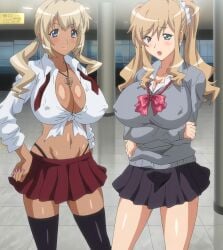 2girls blonde_hair blue_eyes breasts bunnywalker cleavage clothing dark-skinned_female erect_nipples erect_nipples_under_clothes gyaru jk_bitch_ni_shiboraretai large_breasts multiple_girls nipples open_mouth screencap screenshot skirt t-rex_(animation_studio) thighhighs thighs tummy