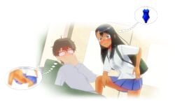 1boy 1girls 3d black_hair blush breasts brown_eyes brown_hair classroom clothed clothing female glasses going_commando hayase_nagatoro hi_res highres jhc_(artist) long_hair looking_at_viewer naoto_hachioji_(senpai) please_don't_bully_me,_nagatoro pussy revealing_clothes school_uniform schoolgirl short_hair simple_background skirt small_breasts smile swimsuit tan tan-skinned_female tan_body tan_skin tanned tanned_female upskirt vagina