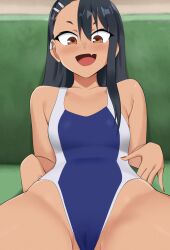 1girls black_hair blush breasts brown_eyes clothed clothing earrings eqeart fangs female female_focus female_only hayase_nagatoro hi_res highres long_hair open_mouth please_don't_bully_me,_nagatoro revealing_clothes simple_background small_breasts solo spread_legs swimsuit tan tan-skinned_female tan_body tan_skin tanned tanned_female