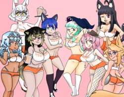 akadoofy antennae awielboofkitty beaniethesnail beer bell_collar berylvegha black_and_green_hair black_hair black_legwear blue_eyes blue_hair blush bowtie bunny_ears cat_ears cat_tail collar cyan_eyes cyan_hair fishnets fox_ears fox_tail hat heels hooters_uniform kiyomizuakua lenairhead pink_eyes pink_hair plate purple_eyes shoes slumpneko vunnibunni white_and_blue white_hair white_legwear wink witch_hat yellow_eyes yellow_hair