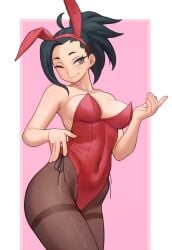 1girls 2023 black_eyes black_hair bunny_ears bunny_ears_(cosmetic) bunnysuit female female_only hi_res lentiyay looking_at_viewer momo_yaoyorozu my_hero_academia pantyhose smiling smiling_at_viewer solo tied_hair wink winking_at_viewer