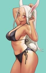 1girls bikini blue_background blush bunny_ears bunny_girl bunny_tail dark-skinned_female dark_skin female female_only hi_res lentiyay long_eyelashes long_hair looking_at_viewer miruko my_hero_academia ponytail red_eyes rumi_usagiyama simple_background smiling smiling_at_viewer solo white_hair