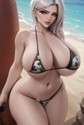 1girls ai_generated ashe_(overwatch) beach bikini blizzard_entertainment busty cleavage cow_bikini cow_print cow_print_bikini curvy huge_breasts overwatch short_hair solo thick_thighs transformationwitch voluptuous white_hair wide_hips