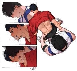 2boys ass back bara black_hair black_shorts blue_shirt blush closed_mouth crying crying_with_eyes_open french_kiss gay hand_on_another's_face highres holding_another's_wrist kissing male/male male_focus mitsui_hisashi multiple_boys muscular muscular_male open_mouth red_shirt rukawa_kaede saliva shirt short_hair shorts slam_dunk_(series) tears tongue tongue_out translation_request yaoi