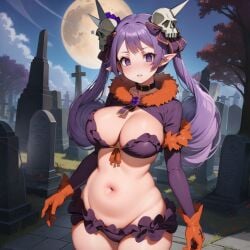 1girls ai_generated alternate_breast_size belly breasts cemetery cleavage disgaea disgaea_5 female female_focus gloves graveyard large_breasts light-skinned light-skinned_female majorita_(disgaea) missedalias moon navel night nippon_ichi_software orange_gloves purple_eyes purple_hair revealing_clothes skimpy skimpy_clothes skull_hair_ornament solo_female standing stomach thighs