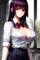 1girls ai_generated balance_(artist) big_breasts breasts cleavage clothed clothing curvy female female_focus female_only hi_res highres long_hair looking_at_viewer please_don't_bully_me,_nagatoro president_(nagatoro) purple_hair red_eyes revealing_clothes sana_sunomiya simple_background solo wide_hips