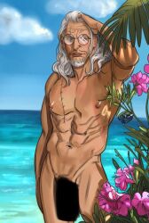 1boy abs bara blue_sky blush completely_nude contrapposto crowsizna dark-skinned_male dark_skin facial_hair feet_out_of_frame flower glasses goatee grey_hair hand_in_own_hair large_pectorals long_hair looking_to_the_side male male_focus male_only mature_male muscular muscular_male navel nipples nude ocean old old_man one_piece pectorals pink_flower round_eyewear shadow_censor silvers_rayleigh sky solo solo_male standing stomach