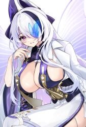 1girls azur_lane breasts butterfly butterfly_wings female female_only hair_over_one_eye horn huge_breasts light-skinned_female light_skin one_eye_covered purple_eye sakura_empire_(azur_lane) solo tagme tsuitate1572 two_tone_hair unzen_(azur_lane) white_clothing white_hair wings