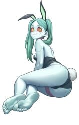 1girls 2023 absurd_res ass barefoot bunny_ears bunny_tail bunnysuit cybernetics cyberpunk:_edgerunners cyberpunk_2077 feet female female_only green_eyes green_hair lentiyay long_hair looking_at_viewer lying lying_on_side rebecca_(edgerunners) red_sclera smiling smiling_at_viewer solo twintails white_background white_body