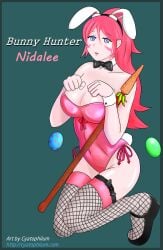 1girl 1girls big_breasts blue_eyes blue_eyes_female bowtie bowtie_collar bunny_costume bunny_ears bunnysuit carrot cyatophilum easter easter_egg female female_focus hands_on_breasts high_heels league_of_legends light-skinned_female light_skin nidalee pink_hair riot_games solo solo_female solo_focus stockings strapless strapless_leotard tribal_markings tribal_tattoo tribal_tattoos