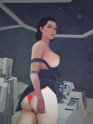 1girls andreja_(starfield) ass bethesda_softworks black_dress constellation female first_porn_of_character large_ass large_breasts lifting_skirt miniskirt outer_space panties red_panties solo_female spaceship starfield video_games watercolor_(artwork)