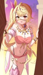 1girls amber_eyes belly_dancer belly_dancer_outfit blonde_hair bracelet cleavage emobico harem_girl harem_outfit hazel_eyes heterochromia hoshikawa_sara large_breasts long_hair navel_piercing necklace nijisanji veil virtual_youtuber voluptuous