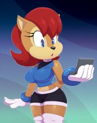 1girls 2d abstract_background anthro bigdon1992 bike_shorts blue_eyes breasts brown_fur chipmunk clothed color crop_top eyelashes female female_only furry gloves mobian_(species) navel red_hair sally_acorn sega shaded shorts solo sonic_(series) sonic_satam sonic_the_hedgehog_(archie) sonic_the_hedgehog_(series) thick_thighs vest wide_hips