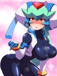 blush bodysuit breathing_heavily crotch_plate mega_man mega_man_x_dive mega_man_zx noburockman pandora_(mega_man) sweat tagme