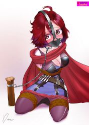 1girls black_hair bondage cape collar female female_only gag gagged leash leash_and_collar ruby_rose rwby solo tied_up