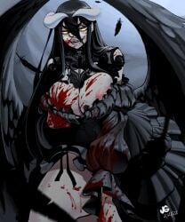 1girls 2022 albedo_(overlord) areolae big_breasts black_hair blood demon_girl demon_horns dress feathered_wings female female_only goth hi_res horns jgeorgedrawz long_hair looking_at_viewer narrowed_eyes nipple_peek nipples open_mouth overlord_(maruyama) smiling smiling_at_viewer solo succubus thick_thighs wings yellow_eyes