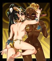 +_+ 2girls almost_naked anklet ass back big_ass big_breasts black_hair blue_fingers bracelets breasts callie_(splatoon) chains chocolate_and_vanilla convenient_censoring dark-skinned_female detailed duo earrings eyebrow_raise eyelashes feet_up frye_(splatoon) gold_(metal) gold_bikini gold_chain gold_jewelry gold_panties hairtie hand_on_ass hand_on_breast hand_on_head high_quality indian_female japanese_female killartxxx leg_up lesbian light-skinned_female looking_at_viewer looking_back medium_breasts midriff nipples_visible_through_clothing plump_lips pointy_ears posing pussy_visible_through_panties rosy_cheeks seductive seductive_look seductive_smile shiny_skin splatoon splatoon_3 string_bikini tagme teeth teeth_showing triangular_eyebrows voyeur_pov voyeurism yellow_eyes yellow_hair