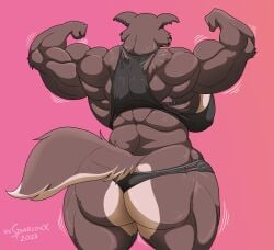 1girls anthro ass ass_cleavage back_muscles barely_contained beastars biceps big_ass breasts butt_crack clothing female female_only flexing gym gym_clothes indoors juno_(beastars) muscular muscular_female rear_view solo thick_thighs thunder_thighs torn_clothes wide_hips wolf workout_clothes xxsparcoxx