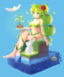 bird bunny dryad dryad_(terraria) green_eyes green_hair half_naked nature smile terraria vines water