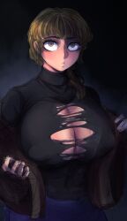 1girls big_breasts big_eyebrows big_eyes blonde_hair breasts clothed clothing coat erect_nipples eyebrows eyebrows_visible_through_hair fear_and_hunger fear_and_hunger:_termina female female_focus female_only karin_(fear_and_hunger) large_breasts looking_at_viewer nipples nipples_visible_through_clothing ponytail ripped_clothing see-through see-through_clothing solo solo_female solo_focus sweater taking_clothes_off tofo_u yellow_hair