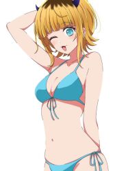 :3 bikini blonde_hair blue_eyes blush brown_hair female horn horns kusana47454281 memcho multicolored_hair navel one_eye_closed oshi_no_ko swimsuit tagme wink