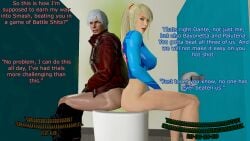 ass_press ass_to_ass blonde_hair blue_jumpsuit bubble_butt crossover_pairing dante devil_may_cry diarrhea fat_ass flaccid_penis male_scat metroid pooping pooping_together red_coat samus_aran scat shitting super_smash_bros. toilet white_hair