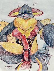 anthro anus areola bat birdpaw_(artist) blonde_mane breasts cheek_tuft colored_pencil_(artwork) dildo disembodied_hand eyebrows facial_tuft fangs female fur genitals graphite_(artwork) green_eyes grey_body grey_fur grey_tail hand_on_leg hi_res humanoid_dildo joss_(gelter) mammal mane multicolored_body multicolored_fur multicolored_tail nervous nipples nonbinary_(lore) open_mouth open_smile pencil_(artwork) pink_anus pink_areola pink_nipples pink_nose pink_tongue pussy raised_leg red_breasts red_dildo red_ears red_tail sex_toy smile solo strapon tail tan_eyebrows teeth tongue traditional_media_(artwork) tuft yellow_body yellow_fur yellow_inner_ear yellow_neck yellow_tail