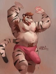 absurd_res alrezaham1 anthro bodily_fluids body_hair felid genital_fluids hi_res male mammal musk nipples overweight overweight_anthro pantherine precum solo tiger tommah