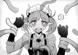 1girls ariane_the_labrynth_servant blush cute_fangs demon_girl fangs female gloves imminent_rape maid maid_headdress restrained takanaribu tentacle