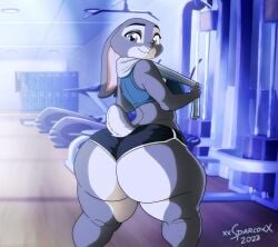 1girls anthro ass big_ass bottom_heavy breasts bubble_butt clothing crop_top dat_ass fat_ass female female_only gym gym_clothes huge_ass indoors judy_hopps lagomorph large_ass looking_at_viewer looking_back pear_shaped rabbit shorts shortstack small_breasts solo thick_ass thick_thighs towel wide_hips workout_clothes xxsparcoxx zootopia