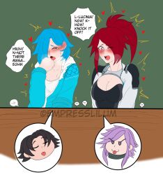 1boy 3girls belle_fontiere blue_hair blush empresslilum licking lucinia_porter masa_shimamoto meta_runner purple_hair red_hair smg4 sweat tari_(smg4) tongue under_the_table