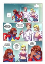 ! 1boy 2020 2girls 4_panel_comic 5:7 5_fingers ? annoyed annoyed_face bare_stomach blonde_female blue_boots blue_dress blue_eyes blue_eyes_female blue_mask blue_skirt bokuman boots brown_eyes brown_eyes_female brown_hair brown_hair_female brown_hair_male closed_eyes coat comic door female green_pants hand_in_pocket hand_on_own_head hand_on_own_hip kamala_khan long_hair looking_aside marvel marvel_comics mask ms._marvel muslim muslim_female older_male open_door original_characters page_2 pakistani pakistani_female pants parody parody_porn pink_bottomwear raised_finger red_dress resigned short_hair short_hair_female short_hair_male skirt speech_bubble superhero_costume superheroine talking_to_another white_coat young young_female