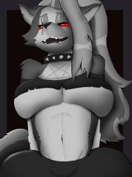 big_breasts big_butt breasts buff epic_omi fluffy_hair furry furry_only grayscale helluva_boss long_hair loona_(helluva_boss) pleasure_face red_eyes tail tight_clothing wide_hips wolf wolf_girl yellow_pupils