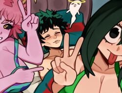 2girls alternate_breast_size antennae ass asui_tsuyu big_breasts black_sclera breasts curly_hair female giving_up_the_ghost green_hair guy_tired_after_sex_(meme) huge_breasts izuku_midoriya looking_at_viewer melonpuff meme mina_ashido my_hero_academia nude nude_male outfucked_male pink_body pink_hair pink_skin selfie thighs too_much tsuyu_asui yellow_eyes