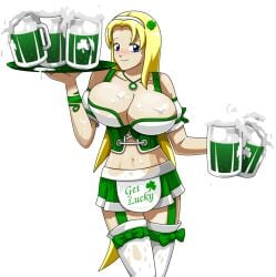 1girls apron beer beer_mug beer_on_breast blonde_hair blue_eyes breasts cleavage clover corset female female_focus female_only foam hairband holding_tray large_breasts midriff miniskirt national_personification necklace saint_patricks_day skirt st._patrick's_day stockings thighs transparent_background tray ucogi veins_(artist) wet_breasts