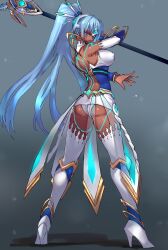 1girls absurd_res armor ass bare_back bare_shoulders blue_hair boots breasts bubble_butt core_crystal dark-skinned_female dark_skin erect_nipples female female_only high_heel_boots highres knee_boots large_ass large_breasts light_blue_hair long_hair looking_back monolith_soft negresco nintendo nipple_bulge perun_(xenoblade) ponytail sideboob simple_background skirt spear stockings thick_thighs thighhighs thighs tight_clothing useless_clothing very_long_hair viewed_from_behind weapon white_boots white_kneehighs white_panties white_skirt white_stockings white_thighhighs xenoblade_(series) xenoblade_chronicles_2