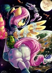 2013 angel_(mlp) blue_eyes cameltoe carrot clothes dimwitdog equine female feral fluttershy_(mlp) friendship_is_magic hair hasbro horse lagomorph my_little_pony pegasus pink_hair planet pony rabbit space spacesuit tight_clothes white_fur wings yellow_fur