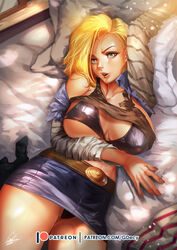 absurdres android_18 big_breasts blonde_hair bra breasts cleavage dragon_ball dragon_ball_z female female_only gdecy highres large_breasts looking_at_viewer panties solo