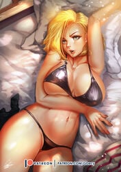 absurdres android_18 big_breasts blonde_hair bra breasts cleavage dragon_ball dragon_ball_z female female_only gdecy highres large_breasts looking_at_viewer panties solo