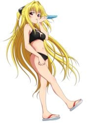 bikini blonde_hair blush food golden_darkness high_resolution ice_cream konjiki_no_yami licking long_hair mizugi navel open_toe_shoes photoshop red_eyes sandals swimsuit tied_hair to_love-ru twintails vector