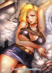 absurdres android_18 big_breasts blonde_hair bra breasts cleavage dragon_ball dragon_ball_z female female_only gdecy highres large_breasts looking_at_viewer panties solo