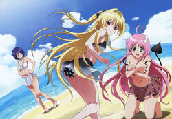 ahoge ass barefoot beach bent_over between_breasts bikini blonde_hair blue_hair breast_hold breasts cleavage covering demon_tail detexted feet flat_chest green_eyes hair_between_breasts hair_ornament hiramaki_daisuke kneeling konjiki_no_yami lala_satalin_deviluke long_hair mizugi multiple_girls ocean oka_yuuichi open_mouth oppai peke pettanko pink_hair red_eyes sairenji_haruna short_hair side-tie_bikini smile swimsuit tail to_love-ru undressing water