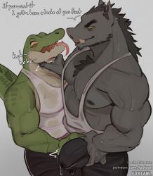 anthro beard big_pecs bodily_fluids bottomwear bulge bulge_grab chest_tuft clothed clothing crocodile crocodilian crocodylid duo erection facial_hair foxfawl genital_fluids green_body green_scales hi_res male male/male male_only mammal pecs precum precum_through_clothing reptile scales scalie shirt shorts suid suina sus_(pig) sweat tank_top tongue tongue_out topwear tuft wet wet_clothing wild_boar