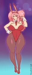 animal_ears back backside breasts bunny_ears bunnysuit cameltoe cleavage collar cuffs cuffs_(clothing) heels leotard live_for_the_funk pink_hair pink_leotard red_heels thick_thighs twintails