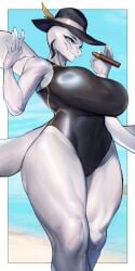 bald big_breasts blue_eyes breasts character_request cigar female hat pale_skin scalie swimsuit thick_thighs white_skin wide_hips woobin94