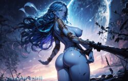 absurd_res ai_generated ass blue_eyes blue_hair blue_skin breasts closed_mouth completely_nude cracked_skin doll_joints elden_ring female from_behind highres joints long_hair looking_back moon multi_arm multi_limb night night_sky nipples niraniri nude outdoors ranni_the_witch sky solo standing star_(sky) starry_sky sword thighs water watermark weapon