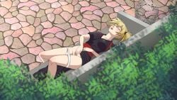 1girls bench blonde_hair blush breasts closed_eyes clothed_masturbation clothing dinaki female female_masturbation female_only horny horny_female kimono knees_together_feet_apart kunoichi lipstick lying lying_on_back lying_on_bench makeup masturbating masturbation moaning naruto naruto:_the_last naruto_(series) naruto_shippuden ninja on_back on_bench open_mouth outdoors panties panties_down public_masturbation rubbing rubbing_pussy small_breasts solo solo_focus spread_legs tagme temari tied_hair twintails underwear underwear_aside vaginal_masturbation