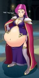 1girls after_vore armor big_belly big_breasts boots brunnya_(fire_emblem) cape cleavage dark55321 digestion earrings english_text female fire_emblem fire_emblem:_the_binding_blade high_heel_boots high_heels jewelry large_breasts long_hair navel nintendo pauldrons pink_eyes pink_hair post_vore same_size_vore shoulder_armor solo stomach_bulge sweatdrop thick_thighs thighs vore vore_belly