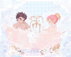 1boy 1boy1girl 1girls 1male bath bathing bathtub black_hair blush bubbles dark_hair demon demon_boy demon_horns demon_slayer female fluffy gold_eyes green_eyes hantengu horns horny_female horny_male hot_spring human kanroji_mitsuri kimetsu_no_yaiba male male/female pale-skinned_female pink_hair soft_breasts tan-skinned_male yellow_eyes zohakuten